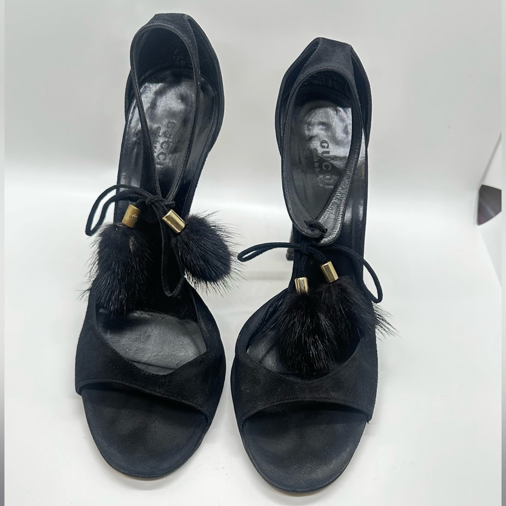 GUCCI Black Suede Fur Ball Decor Sandals High Heel Lace up Women Shoes 8 Fashion